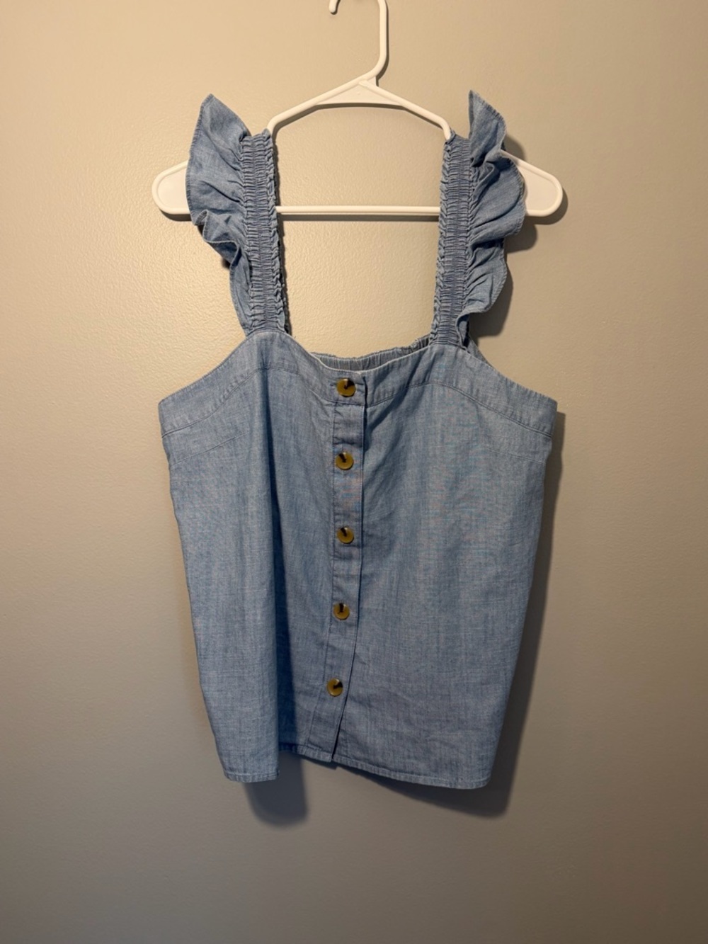 J. Crew Light Blue Chambray Ruffle Strap Tank Top